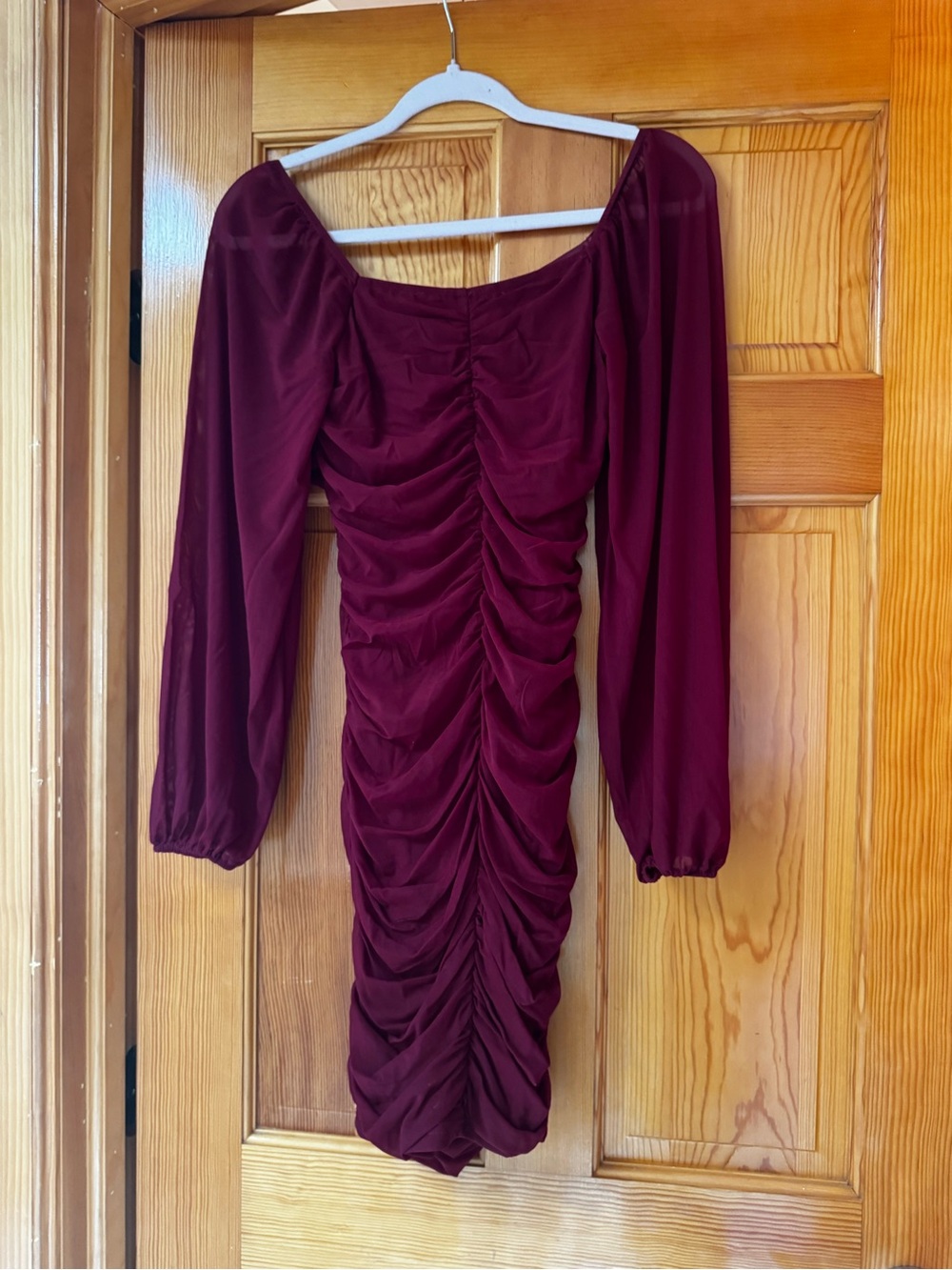 Ruched Long-Sleeve Bodycon Dress in Burgundy